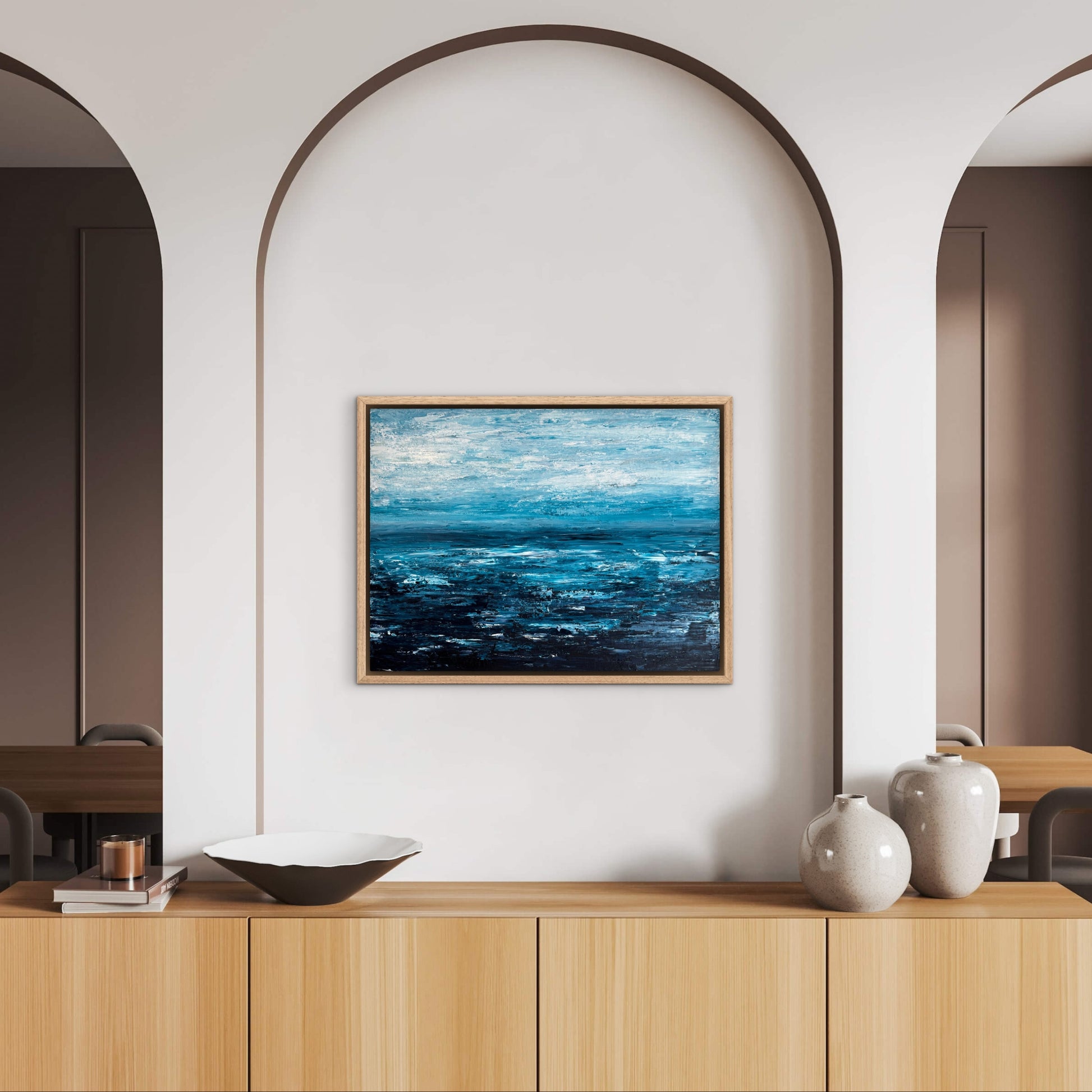 Ocean & Earth VII abstract artwork displayed in a warm modern interior with natural timber and neutral tones