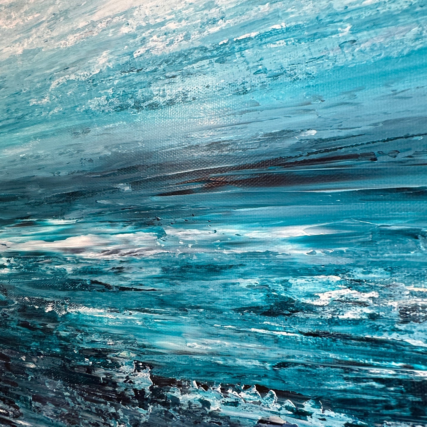 Close-up of Ocean & Earth VII showing layered acrylic paint and expressive palette knife texture