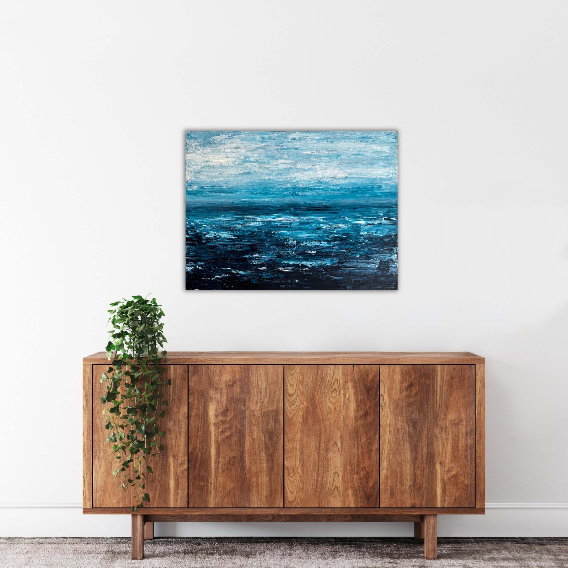 Ocean & Earth VII original abstract painting displayed above a timber console in a warm neutral interior