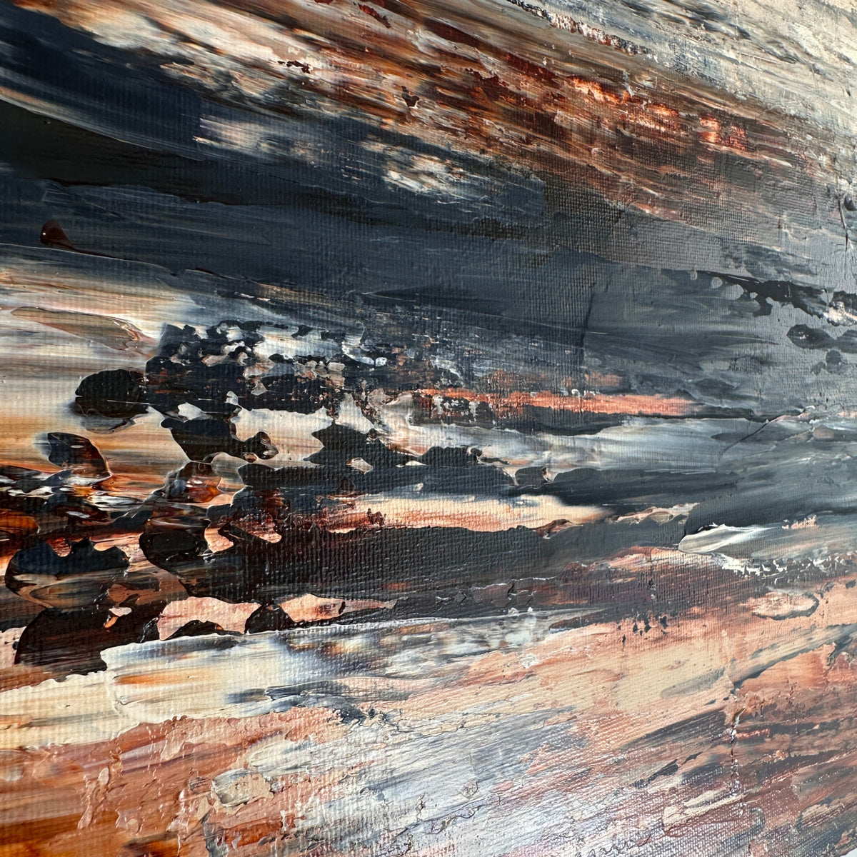 Detail of Ocean & Earth III print showing layered brushwork in blue and earth tones