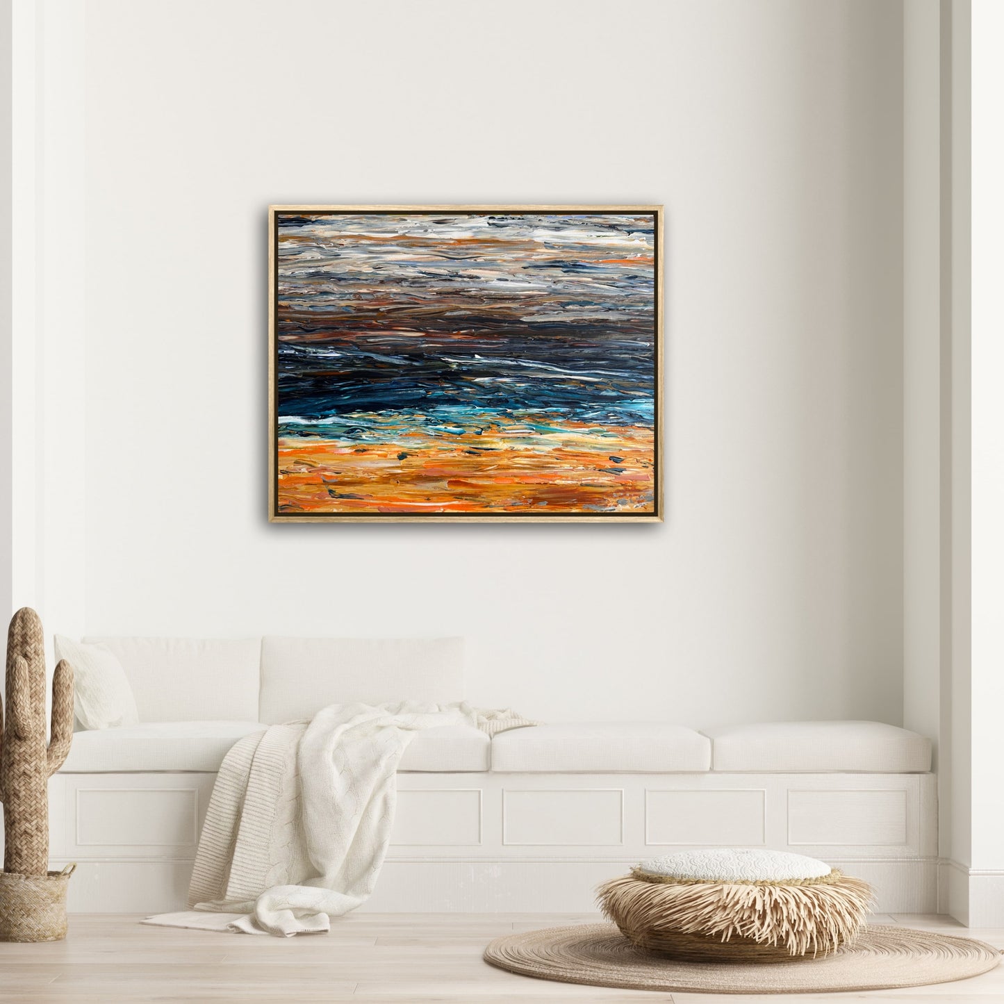 Prussian Sea Sienna Sands I original abstract artwork displayed in a neutral living room