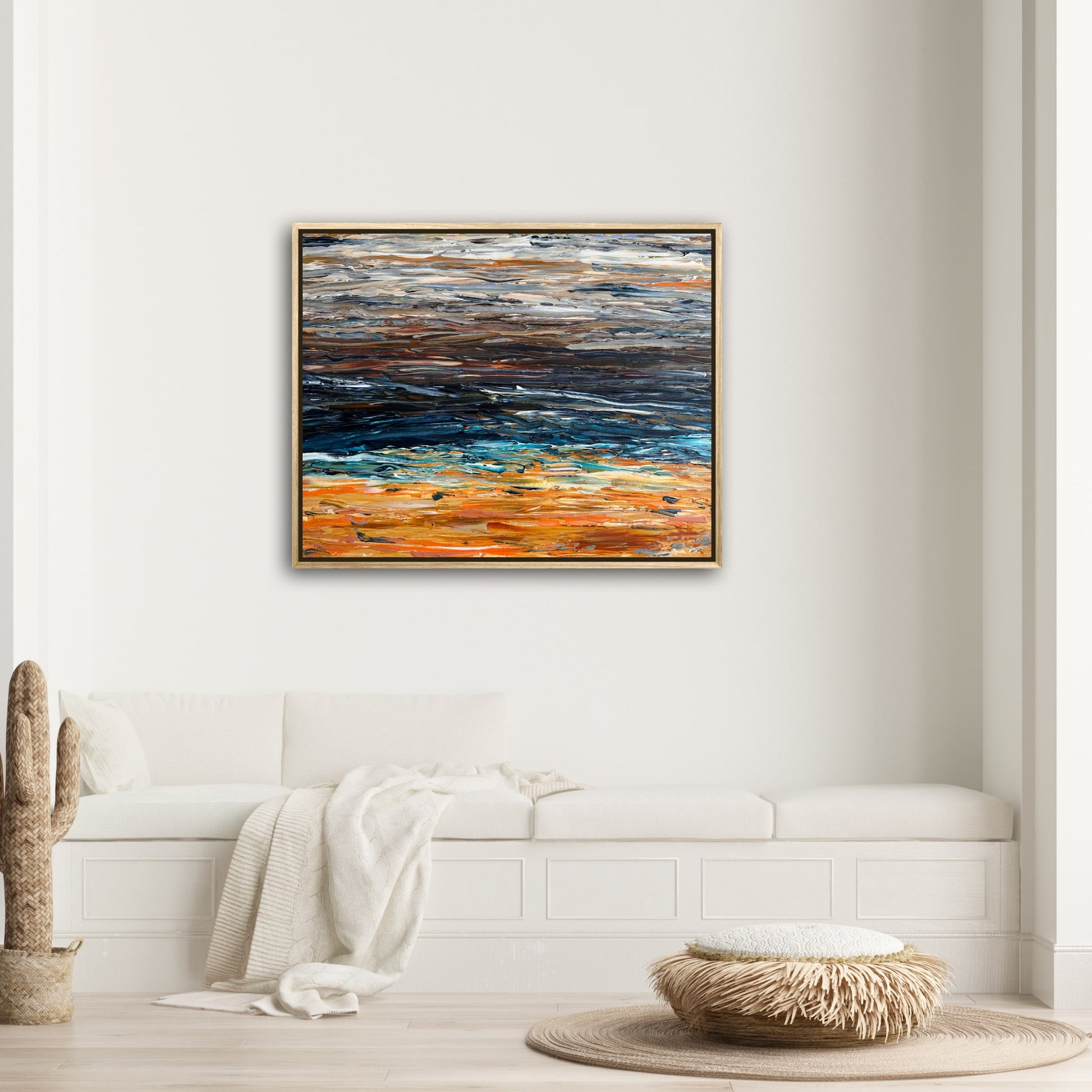Prussian Sea Sienna Sands I original abstract artwork displayed in a neutral living room