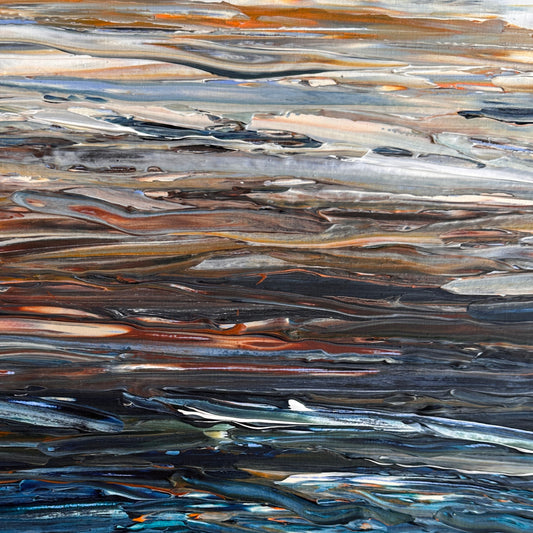 Close-up of Prussian Sea Sienna Sands I showing layered acrylic texture and coastal colours