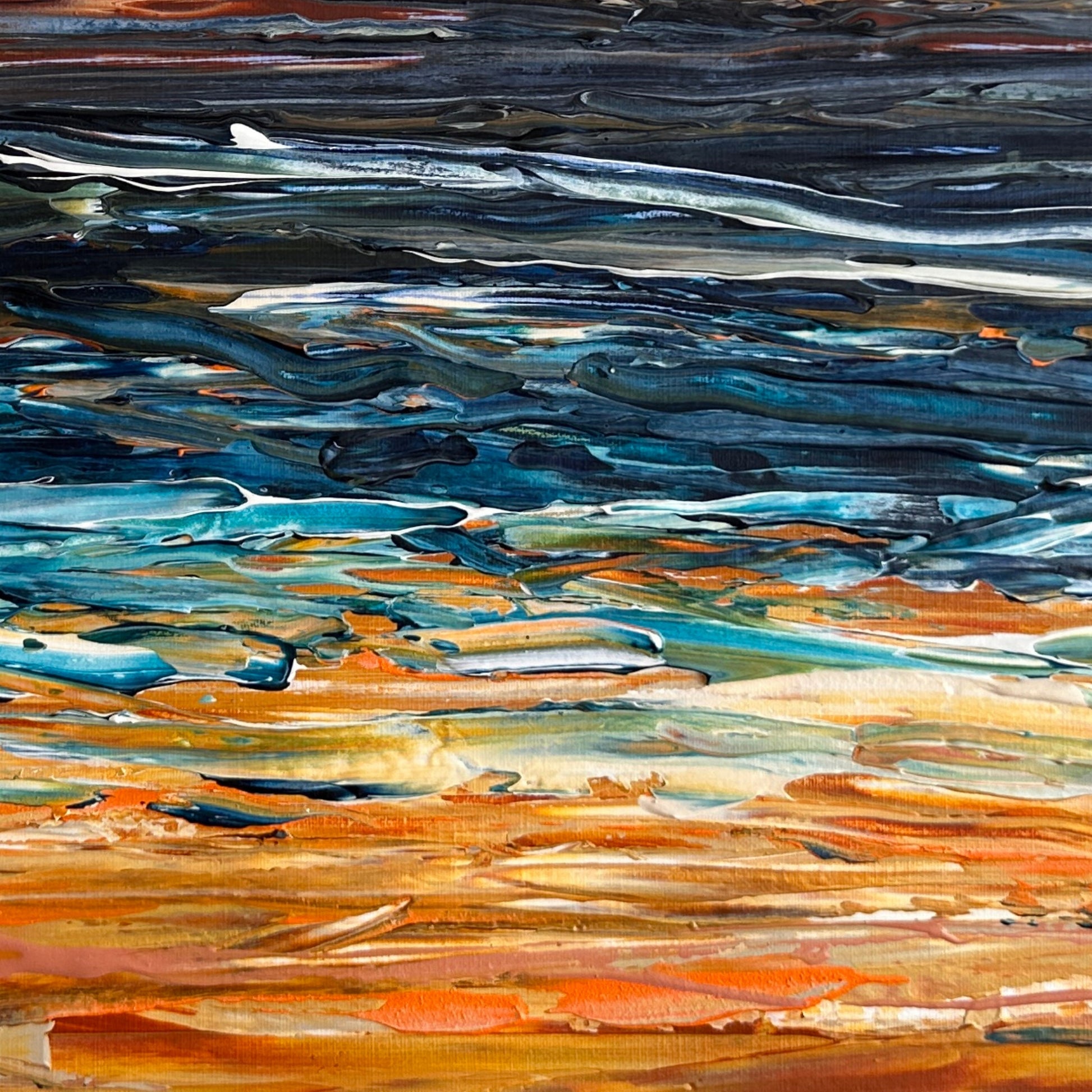Detailed view of textured acrylic paint layers in Prussian Sea Sienna Sands I