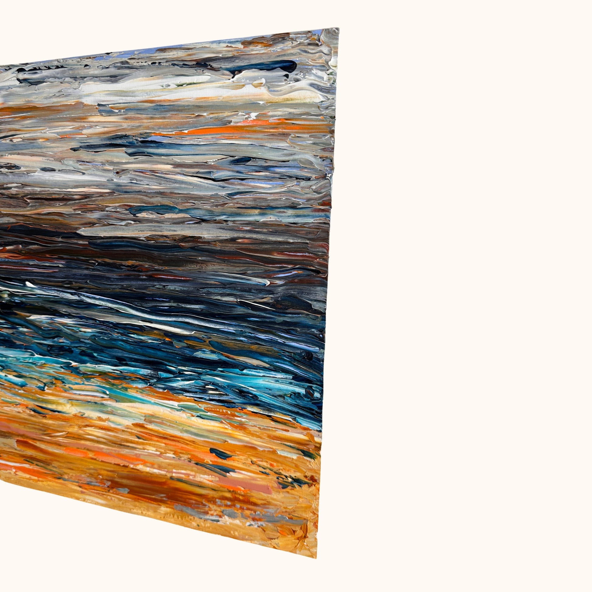 Side view of Prussian Sea Sienna Sands I showing the artwork and canvas paper surface