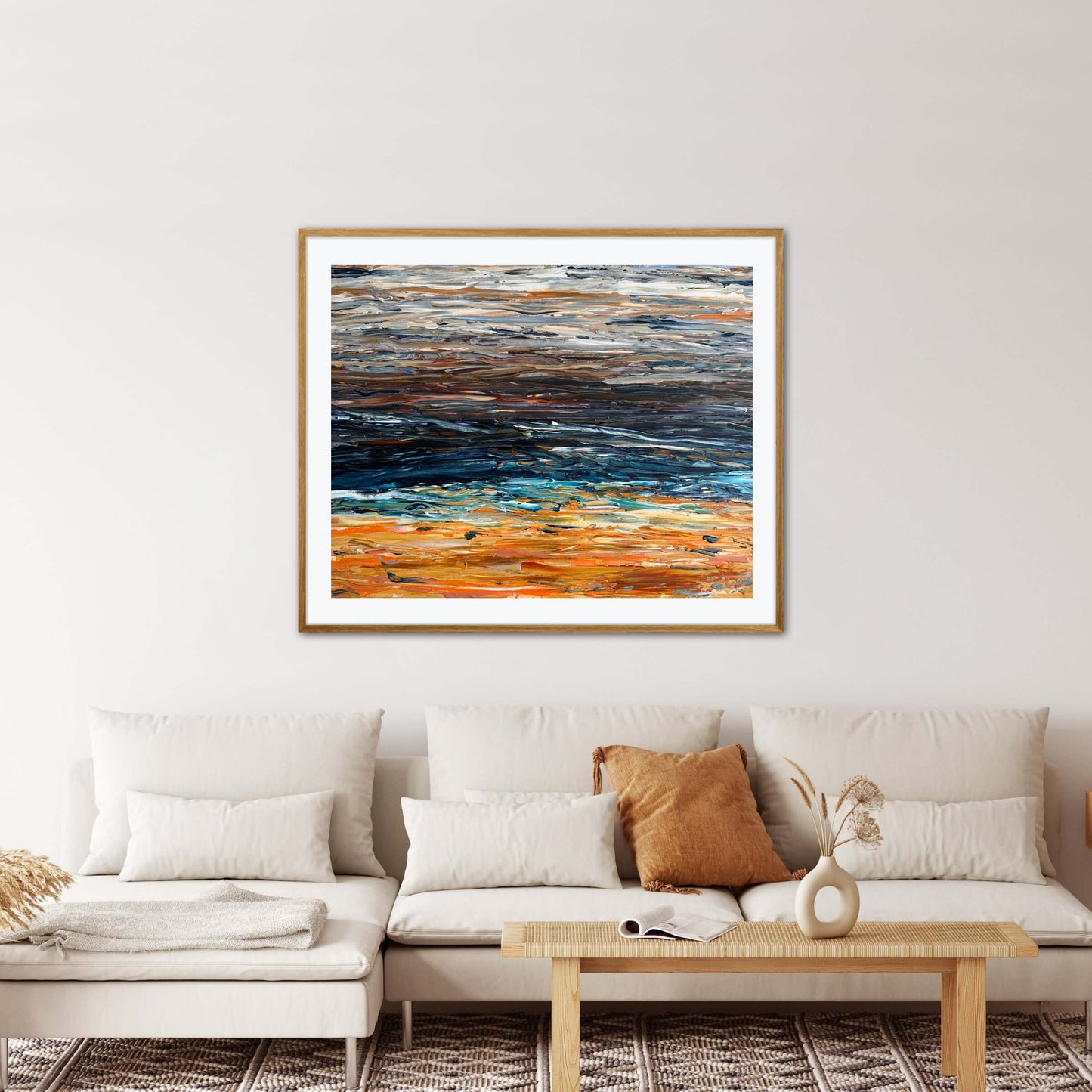 Prussian Sea Sienna Sands I original abstract artwork displayed in a contemporary living space
