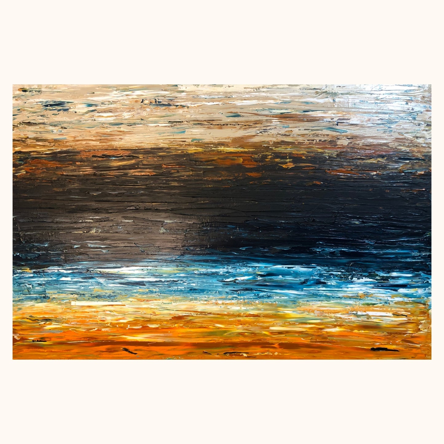 Prussian Sea Sienna Sands II abstract coastal painting in Prussian blue, sienna, white and ochre