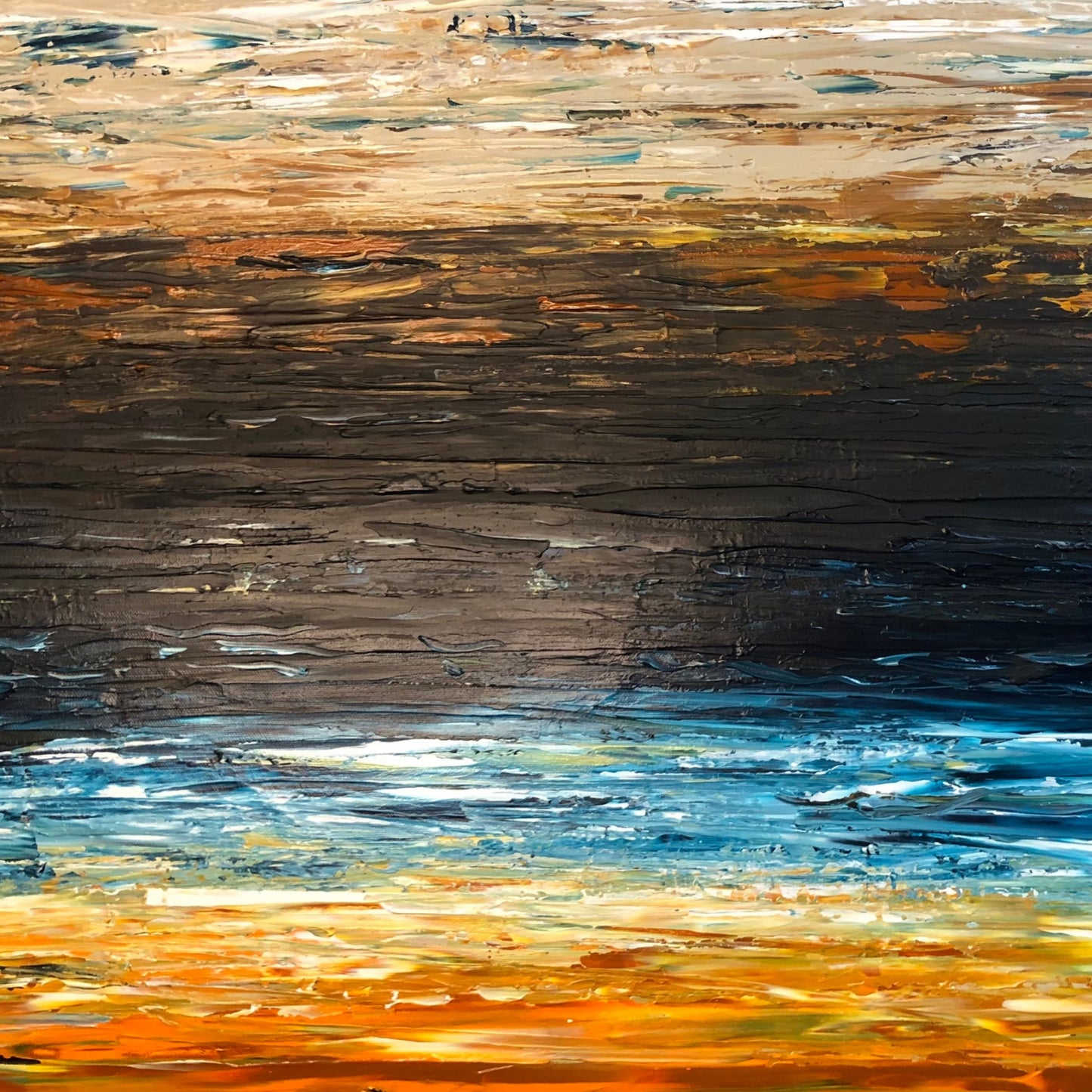 Detail of Prussian Sea Sienna Sands II showing layered acrylic texture and palette knife marks