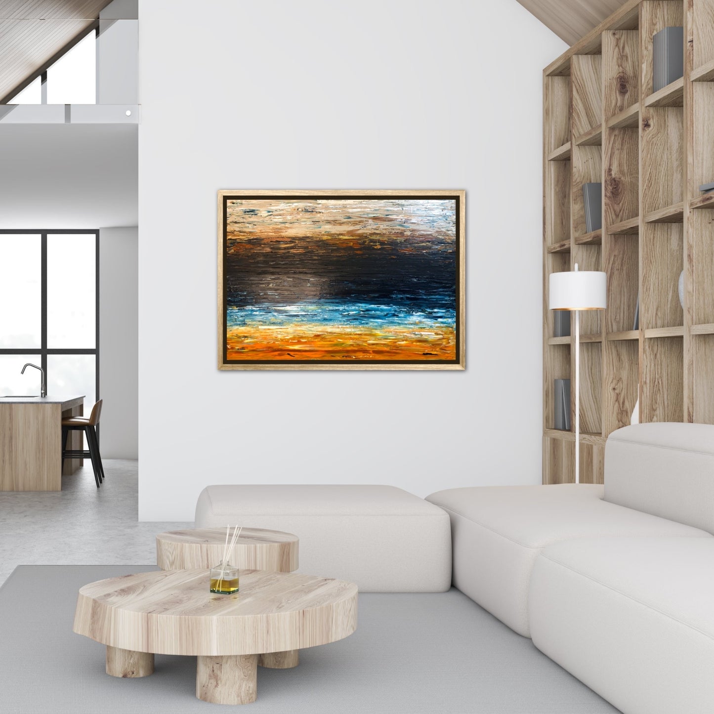 Prussian Sea Sienna Sands II abstract painting displayed in a contemporary living room