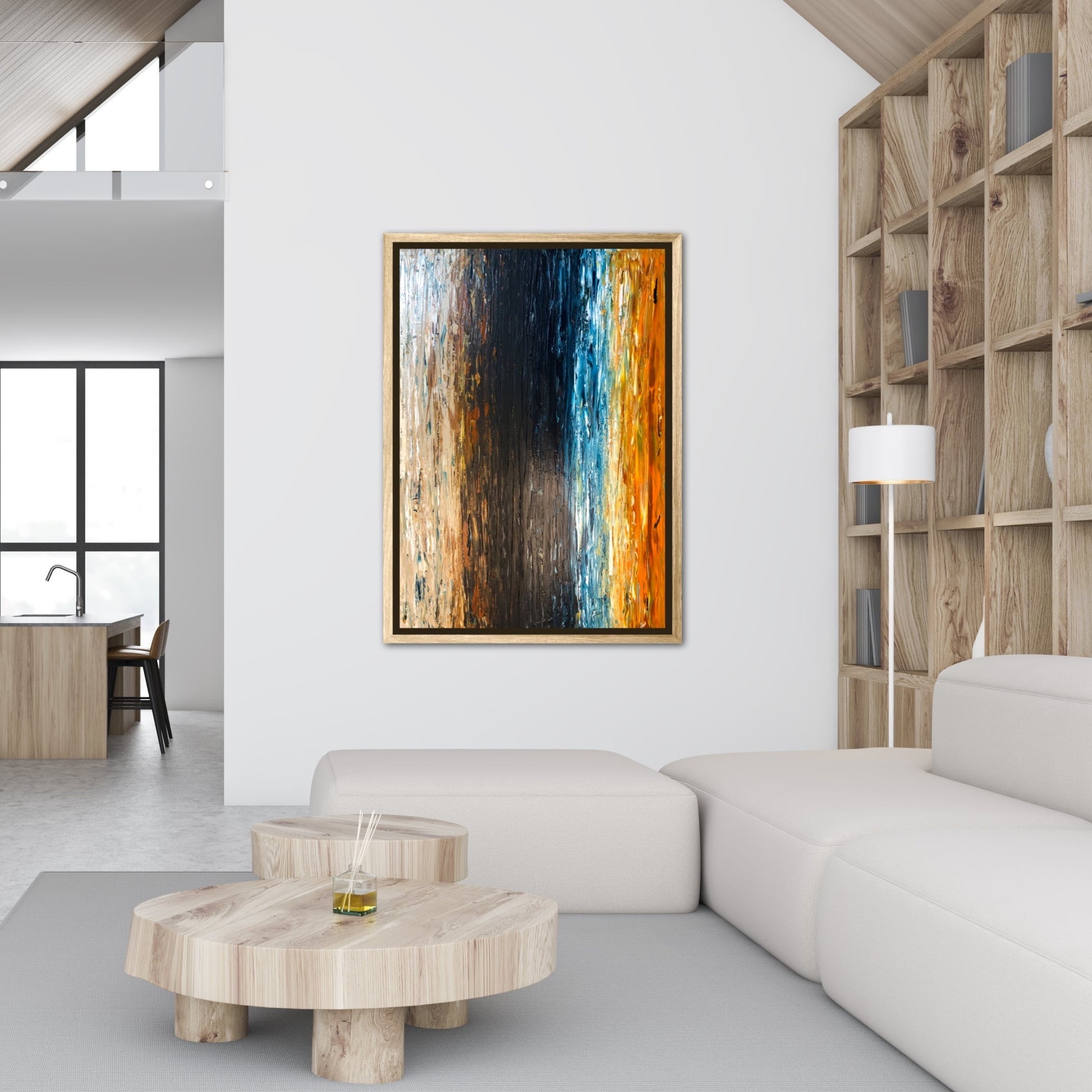 Prussian Sea Sienna Sands II abstract coastal artwork displayed in a modern interior