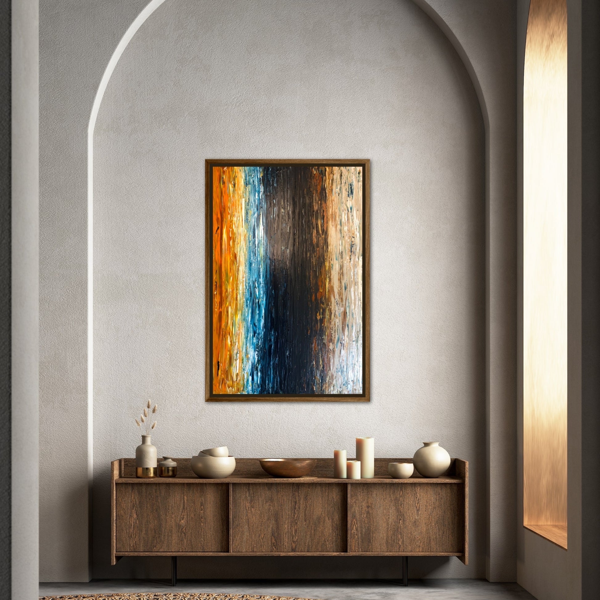Prussian Sea Sienna Sands II abstract painting displayed in a contemporary interior
