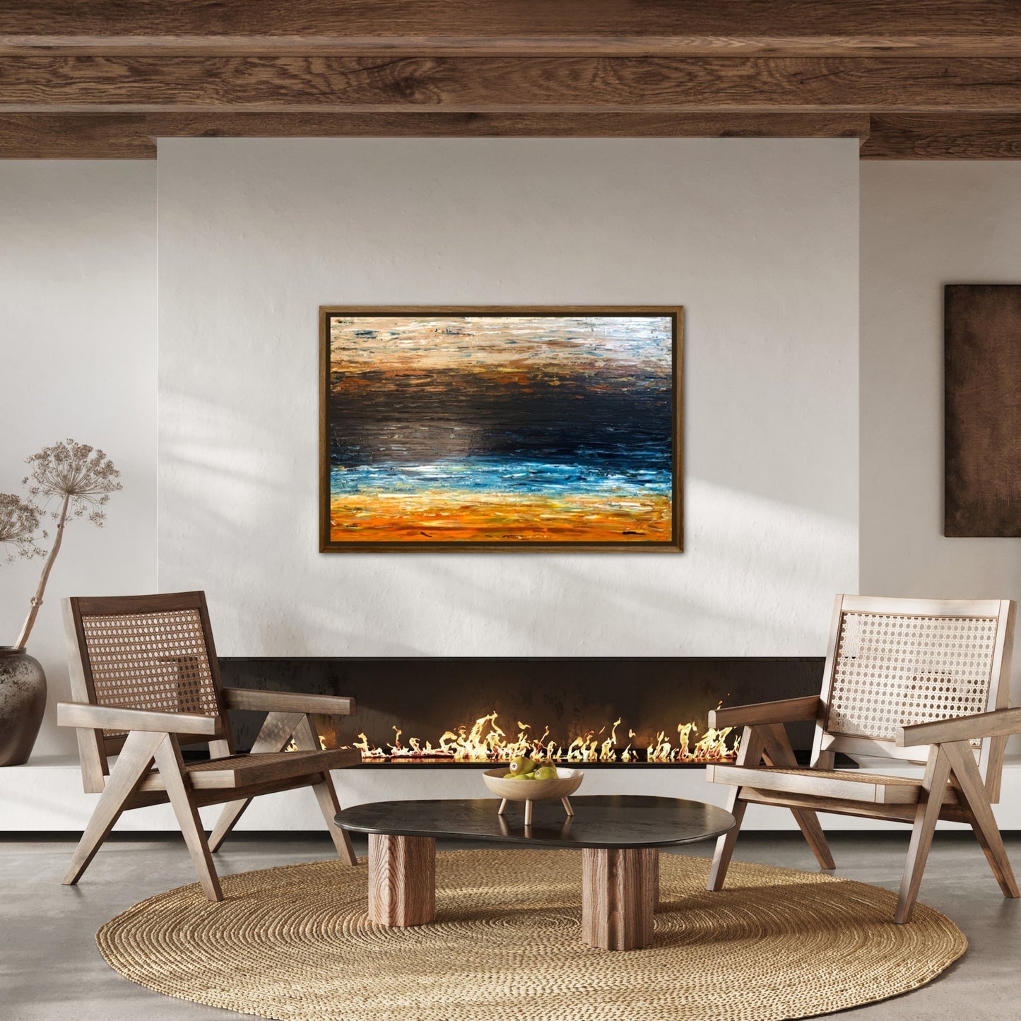 Prussian Sea Sienna Sands II abstract painting displayed above a fireplace