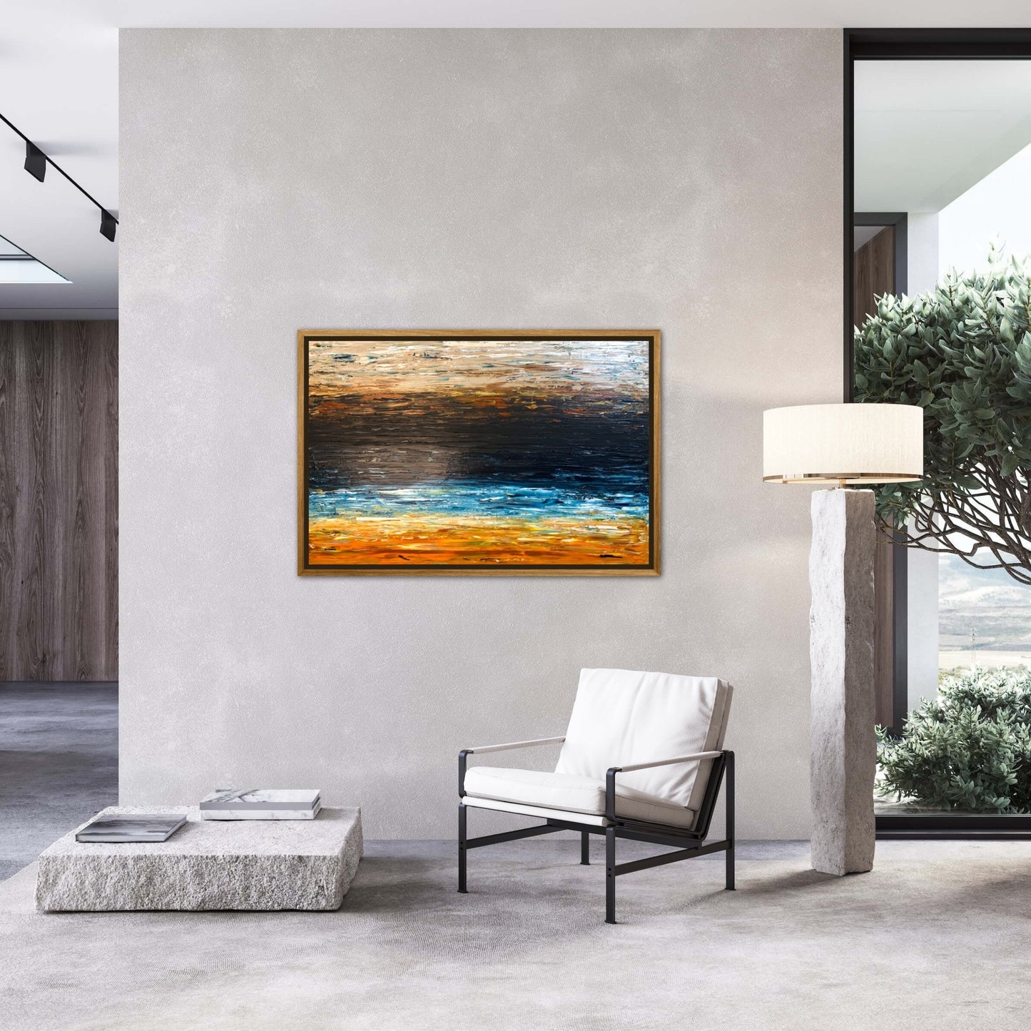 Prussian Sea Sienna Sands II abstract painting displayed in a contemporary interior 2