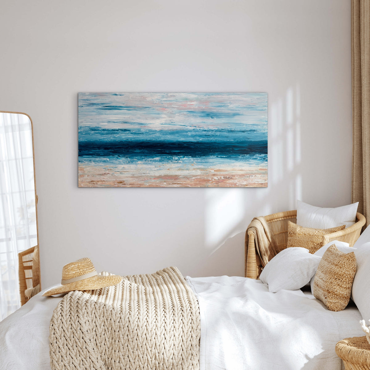 Spring Tide abstract ocean artwork displayed in a relaxed coastal bedroom