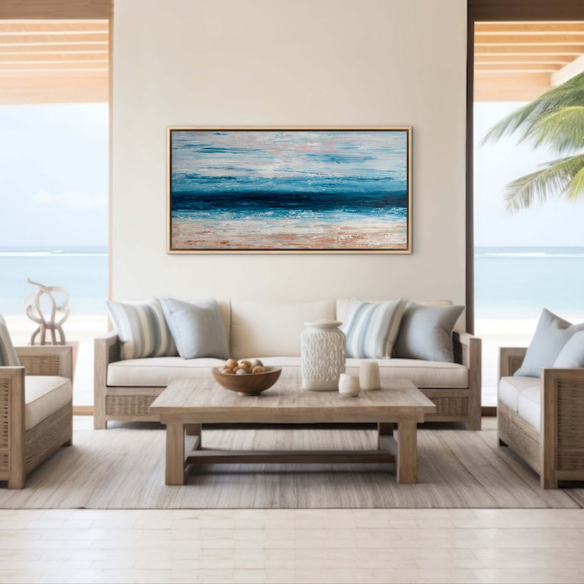 Spring Tide original ocean artwork styled in a contemporary coastal living room